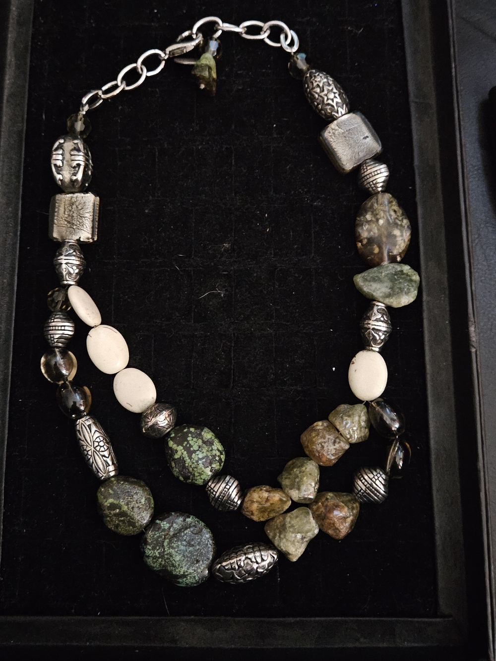 Layered Green Stone and Silver Bead Necklace